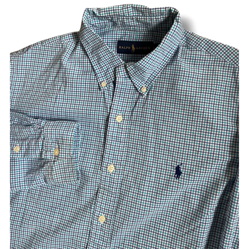 Ralph Lauren Mens Teal Navy Gingham Check Button Down‎ Shirt Large Long Sleeve